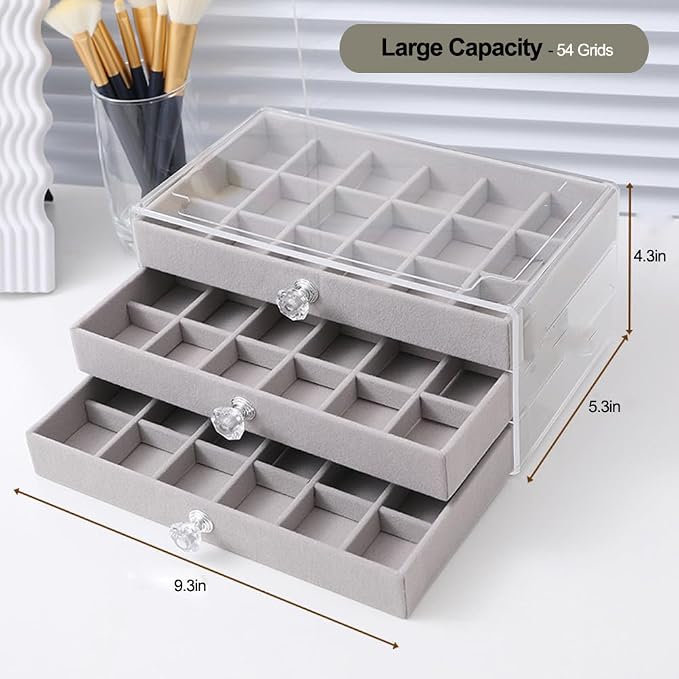 SPAKOWN Earring Box Holder Organizer Display Case, Clear Velvet Jewelry Storage Tray Organizer for Earring Ring Stud (Grey - 3 Drawers) - Image 5
