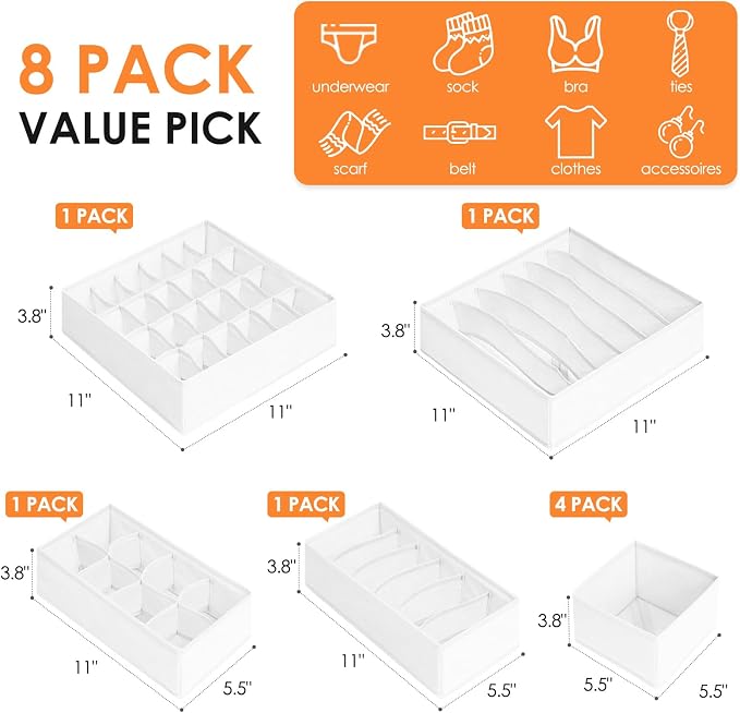 Criusia Drawer Organizer Clothes, 8 Pack Dresser Organizer Bins for Baby Clothes, Underwear Sock, Fabric Closet Organization and Storage Dividers for Nursery Bedroom (96 Compartments, White) - Image 3