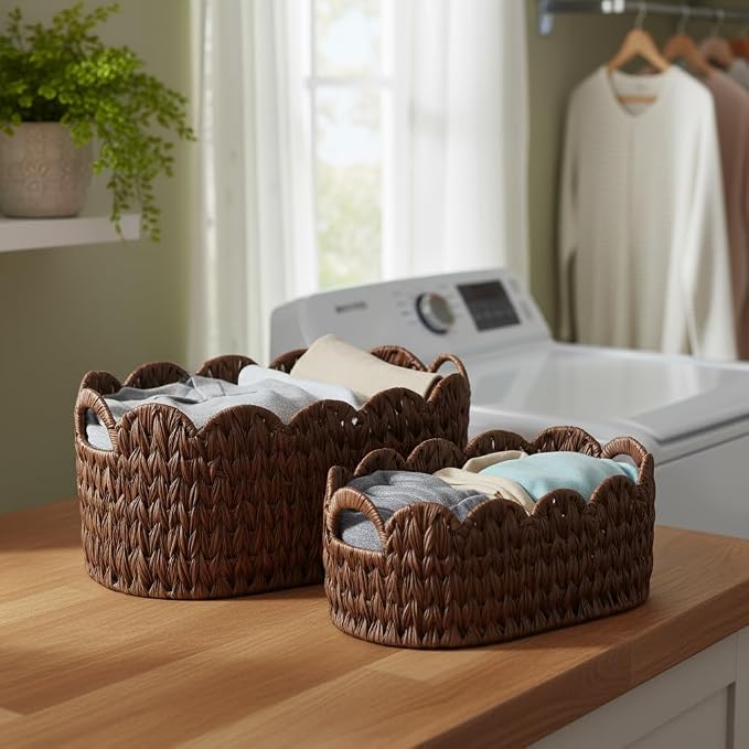 Coeusy Wicker Scalloped Basket Set of 2,Woven Storage Baskets for Shelves,Closet,Laundry,Gift,Towels,Books,Toys,Waterproof Cute Decor Basket for Organizing,Brown - Image 2