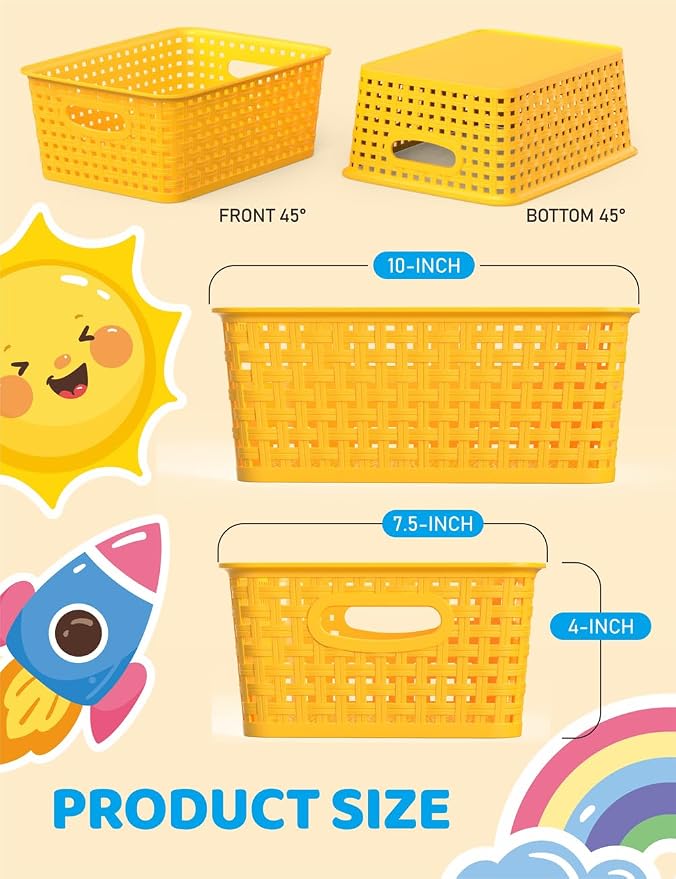 WYT 6-Pack Plastic Small Shelf Storage Weave Baskets Organizing for Cabinets and Pantries, Yellow - Image 2