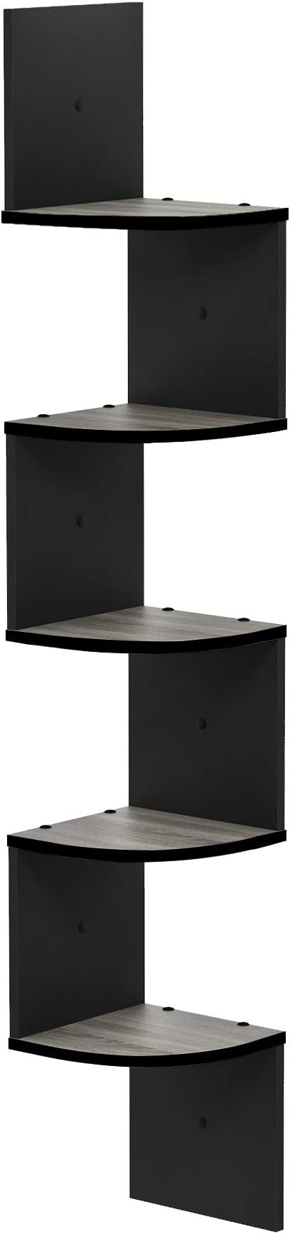 Furinno Rossi Wall Mount Floating Corner Shelf, 5-Tier Radial, French Oak Grey/Black - Image 5