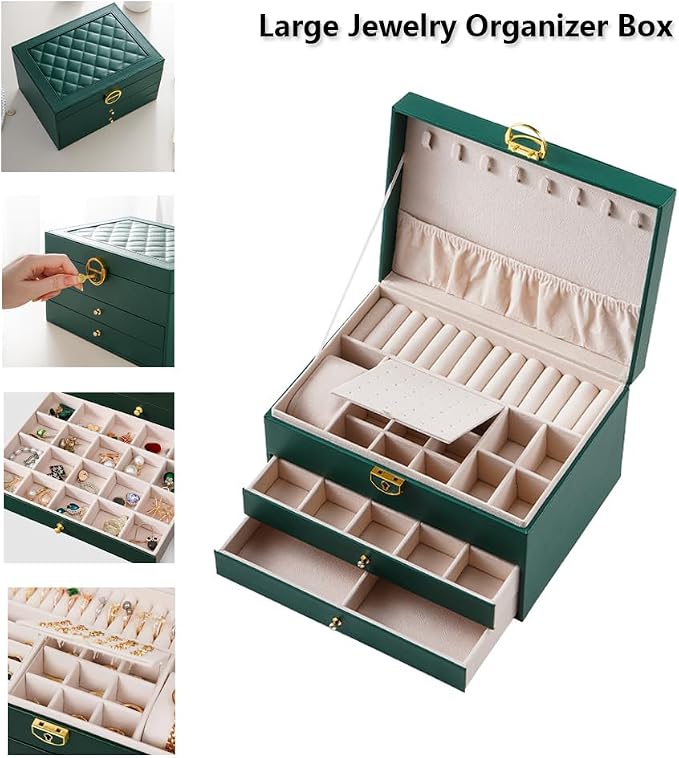 GUOER Jewelry Box for Women Girl Wife 3 Layers Large PU Leather Jewelry Organizer Storage Case with Two Layers Display for Earrings Bracelets Rings Watches (Green) - Image 2