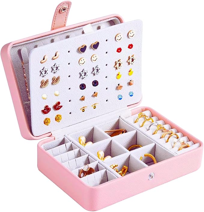 QBestry All-in-One Travel Jewelry Organizer for Women Pink | Small Jewelry Box with 68 Earring Holes | Compact Portable Jewelry Case for Earrings, Rings, Necklaces | Perfect Gifts for Mom Wife Girls by QBestry