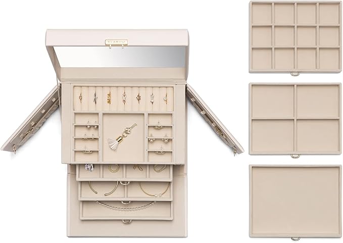 Vlando Lockable Jewelry Box Organizer with Key, 3-Tiered Storage Tray for Necklaces Earrings Rings Bracket Accessories Storage Display, Full HD-Mirror, Pink Beige - Image 5