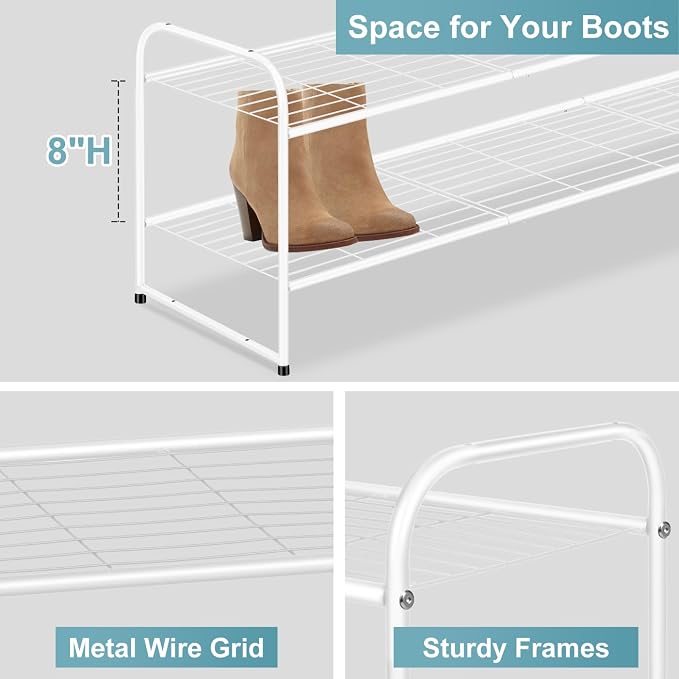 AOODA Long 2 Tier Shoe Rack for Closet Metal Wide Stackable Shoe Storage Organizer for Entryway, Bedroom, Floor, 18-Pairs Low Sneaker Shelf, White - Image 6