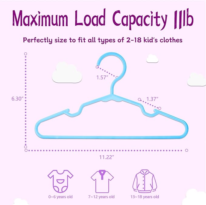 Baby Hangers for Closet 50 Pack Blue Plastic Kids Children's Clothes Hangers Non-Slip (Blue, 50) - Image 2