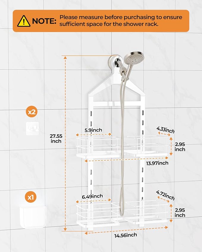 ODesign 2 Tier Height-Adjustable Shower Caddy Hanging Anti-Swing-Over The Shower Head Caddy-Storage Organizer Bathroom Shelves Basket-White - Image 2