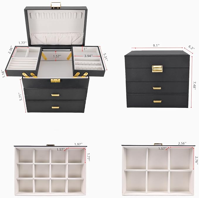 Dajasan Jewelry Organizer Box, Large Jewelry Boxes for Women Girls, Space-Saving 4 Layers Jewelry Storage Case with Drawer, Movable Metal Stand, Modern, Gift Idea (Black + Gold) - Image 3