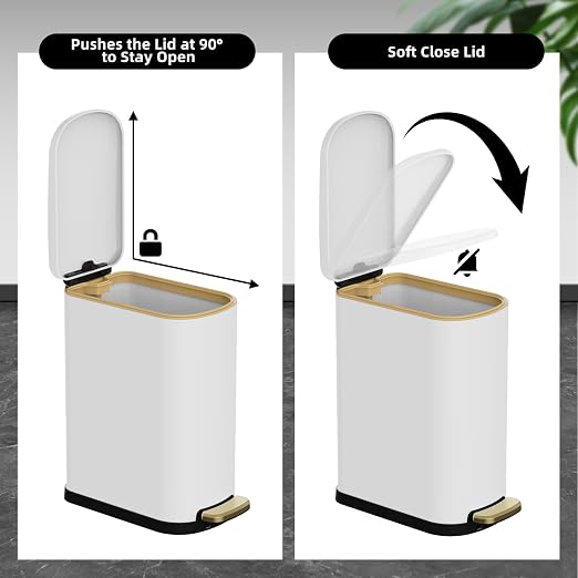 KSSKSS 2.6 Gallon Slim Bathroom Trash Can with Soft Close Lid, 10L Stainless Steel Garbage Can with Removable Liner Bucket, for Narrow Spaces, Bathroom, Bedroom (White) - Image 3