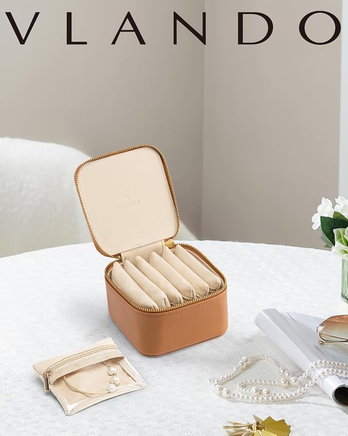 Vlando Jewelry Travel Case,Travel Jewelry Organizer with Clear Velvet Jewelry Bags 6Pcs Zipper Pouch for Women-Brown - Image 4