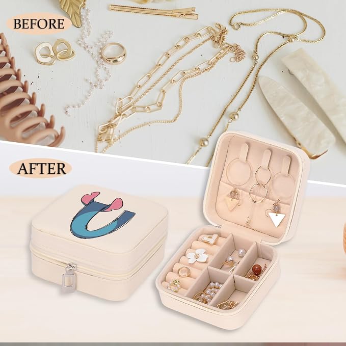 LONGXIN Cute Cartoon Gifts, Initial Travel Jewelry Case Small Jewelry Box Organizer, Personalized Gifts for Women Teen Girls, Birthday Christmas Gifts for Cartoon Lovers, Letter U - Image 5