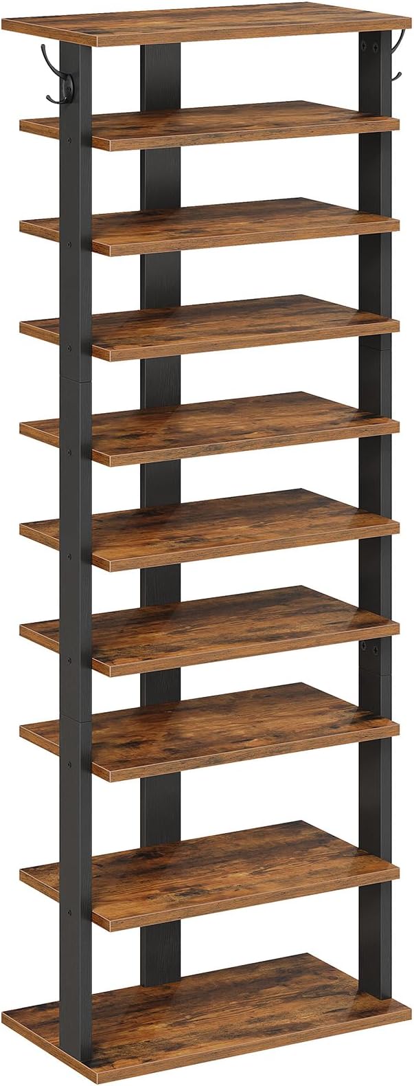 HOOBRO 10 Tiers Vertical Shoe Rack, Wooden Shoe Storage Organizer with Hooks, Narrow Shoe Tower for 20 Pairs, Space Saving, for Entryway, Living Room, Bedroom, Rustic Brown FG140XJ01 by HOOBRO