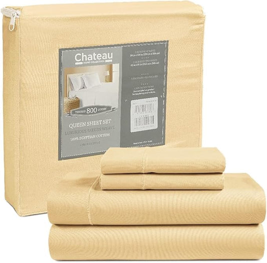 Egyptian Cotton Sheets Queen Size Bed Set, 800TC Deep Pocket Sheets Queen, All Season Soft Breathable Sateen Weave 4-Piece Sheet & Pillowcase Sets, Machine Wash & No Pill - Semolina