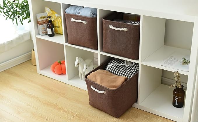 TheWarmHome Organization and Storage Basket for Shelves - 3 Pack 16x12x12 inch Fabric Storage Cubes, Cube Storage Bin for Organizing Closet Cloth Organizer Gift Toy (White & Brown) - Image 3