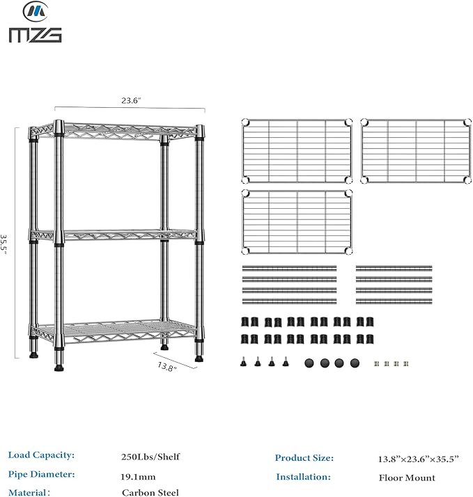 M MZG 750 lbs 3 Tier Shelf Metal Storage Shelves Shelving Wire Rack Heavy Duty Closet Organizers for Garage Kitchen Bathroom Laundry Chrome 13.8" D x 23.6" W x 35.5" H - Image 3