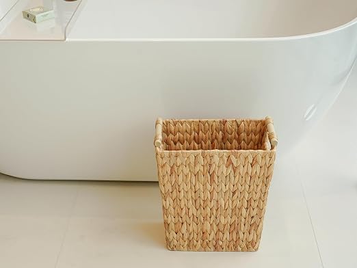 Coeusy 6 Gallon Wicker Trash Can with Wooden Handle,Wicker Waste Basket for Bathroom,Bedroom,Large Narrow Water Hyacinth Trash Basket,Rattan Boho Decor Farmhouse Bathroom Trash Can - Image 9