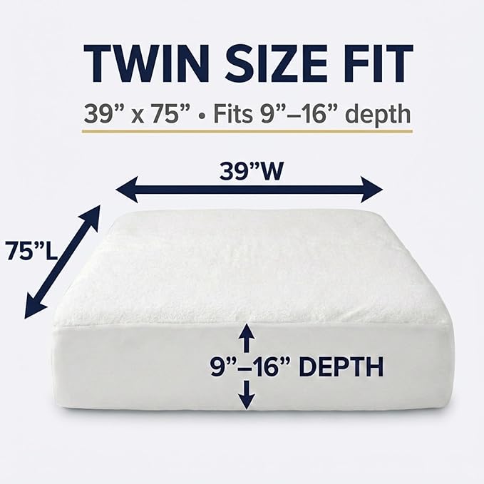 Zippered Waterproof Mattress Encasements - Hypoallergenic Mattress Protector Cover with Soft Cotton Terry Fabric Top - Twin Size 39' x 75'