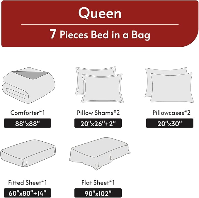 MUXHOMO 7 Pieces Queen Comforter Set, Reversible Bed in a Bag Queen Size, All Season Bedding Set with Comforter, Flat Sheet, Fitted Sheet, Pillowcases & Shams, Burgundy & Grey