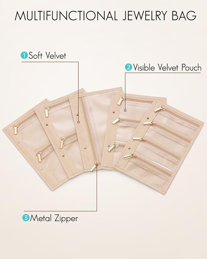 VLANDO Travel Jewelry Bags,Jewelry Storage Pouch,5 Pcs Clear Velvet Zipper Pockets Bag for Travel Business Trip Jewelry Organizer for Women Girls - Image 3