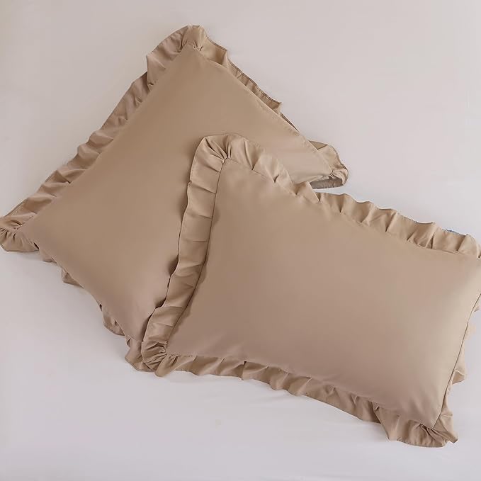 JANZAA King Ruffled Comforter Set 3PCS (1 Taupe Comforter Set and 2 Pillowcases) Vintage Farmhouse Shabby Chic Bedding Soft Fluffy All Season