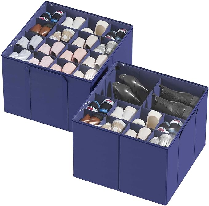 SpaceAid Shoe Organizer for Closet, 2 Pack Foldable Shoe Storage Containers Baskets Boxes Bins w/Adjustable Dividers, Fits 16-32 Pairs, Blue by SpaceAid
