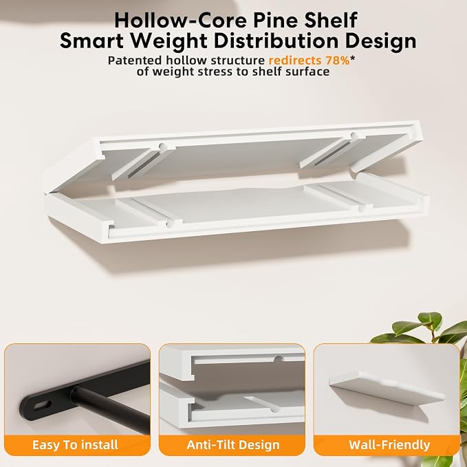 Floating Shelves for Wall Rustic Farmhouse 24 Inch Floating Shelf Bathroom Wooden Shelves for Wall Mounted Live Edge Pine Shelf with Unique Natural Grain for Living Room Bedroom Kitchen (White) - Image 7