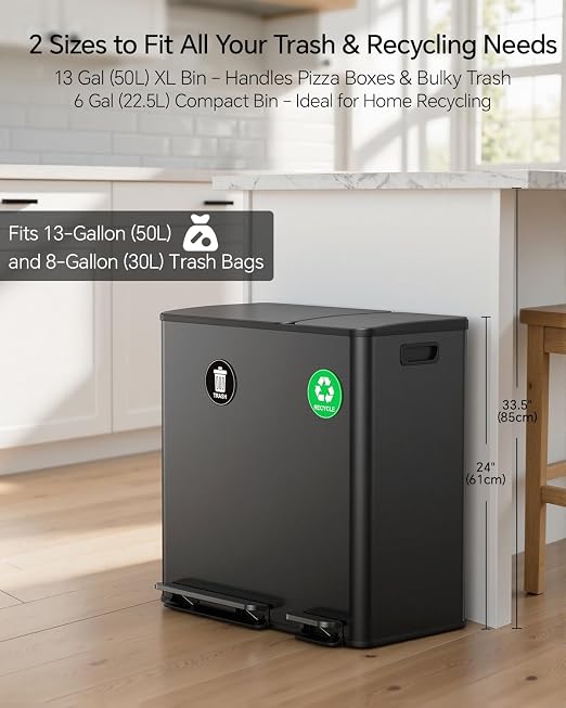 Lovewind Dual Trash and Recycling Bins for Kitchen, 13+6 Gallon Stainless Steel Garbage and Recycle Bin Combo for Large Families, Dual Trash Can with Soft Close Lid & Magnetic Stickers, Black - Image 3