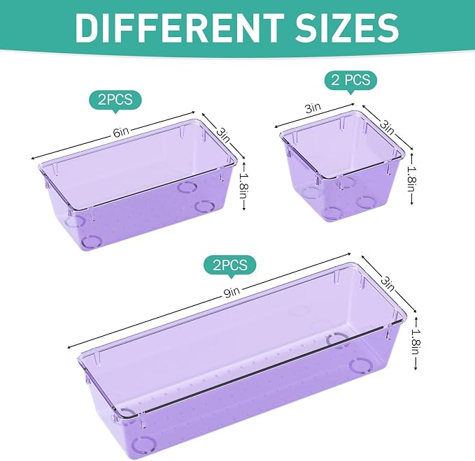 WOWBOX 9 Pack Clear Drawer Organizer Set, Acrylic Drawer Storage Trays, Storage Bins for Makeup, Cosmetics, Jewelries, Utensils, Gadgets, Office, Purple - Image 2