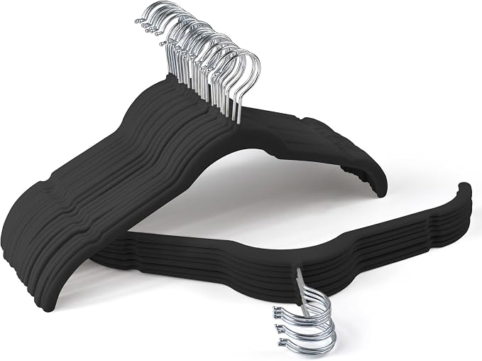 Sishynio Premium Velvet Hangers 30 Pack - Space-Saving Closet Organizer for Clothes, Non-Slip Flocked Design, Ideal for Shirts and Coats (Black) by Sishynio