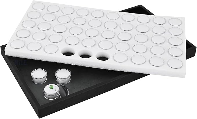 Ikee Design White Foam Gem Jars Showcase Stackable Display Tray for Collectibles, Home Organization Storage Box with 50 Gemstones and Bead Storage Jars, White Foam/Black Tray - Image 6