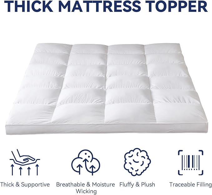 3 Inch Goose Feather Mattress Topper California King Size, Thick Featherbed with Adjustable Bands, Plush Soft Fluffy Baffled Pillowtop, 72”x84”