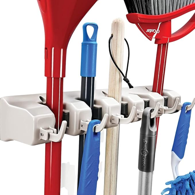 HOME IT Mop And Broom Holder Wall Mount - Garage Storage Systems with 5 Slots, 6 Hooks, 7.5lbs Capacity Per Slot - Garden Tool Organizer For Home, Kitchen, Closet, Garage, Laundry Room - Off-White by HOMEIT