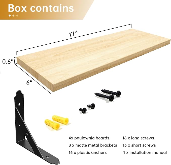 ROMGUAR CRAFT Wood Floating Shelves Set of 4, Rustic Storage Decor Wall Shelves, Wall Mounted Shelf for Living Room, Bedroom 17" x 6", Natural - Image 3