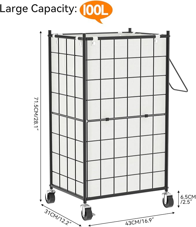 WOWLIVE Laundry Hamper with Wheels,Metal Wire Frame Rolling Laundry Basket with Removable bag,100L Dirty Clothes Hamper Organizer Dorm Room Storage for Bedroom,Bathroom,Black and White - Image 4