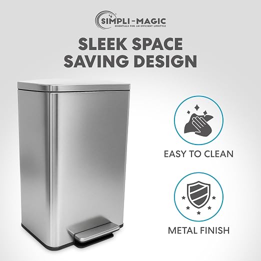 SIMPLI-MAGIC 50 Liter / 13.2 Gallon Soft-Close, Smudge Resistant Trash Can with Foot Pedal and Built in Filter- Stainless Steel, Sleek Finish - Image 7