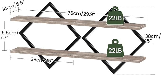 CHOEZON Floating Shelves for Wall, Set of 2 Wall Mounted Shelves, 2-Tier Hanging Shelves, for Living Room, Bedroom, Kitchen, Office, Study, Greige TBJ01P2BG - Image 3