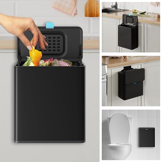 Stainless Steel Hanging Trash Can with Lid and Inner Bucket, 2 Gallon Kitchen Compost Bin for Counter Top, Under Sink or Wall Mount, Small Garbage Can for Cupboard/Bathroom/Bedroom/RV, Black by LINSSEN