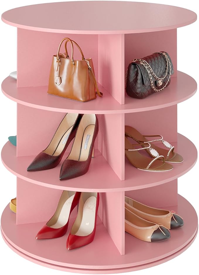 SpaceAid 3 Tier Rotating Shoe Rack Tower, Spinning Shoe Display Lazy Susan, Revolving 360 Shoe Rack Storage Round Carousel, Vertical Handbag Rotate Shoes Closet Organization (3-Tier Pink) by SpaceAid