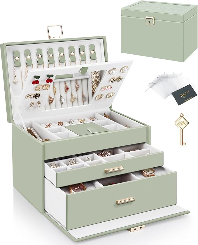 DesignSter Jewelry Box for Women Girl, 3-layer Lockable Jewelry Organizer with Mirror, Large Leather Jewelry Case for Earring Necklace Ring Bracelet Watch - Image 2