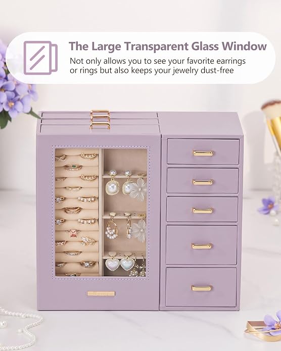 Homde Large Jewelry Box/Organizer/Case with Glass Window, Drawers for Necklaces Earrings Rings Bracelets Watches Gift for Women Girls - Image 2