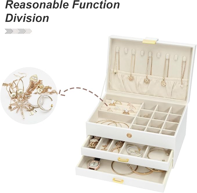 Jewelry Organizer Box for Women Girls, 3-Layer Jewelry Case with 2 Drawers Jewelry Storage Box for Ring Earrings Bracelets Necklaces(White) - Image 7