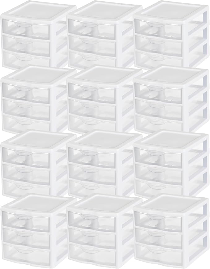 Sterilite 12-Pack Clearview 3-Drawer Cart, Small Plastic Storage Organizer Drawers, White - Organizing Drawer Containers for Bathroom, Closet, Kitchen, and Bedroom by Sterilite