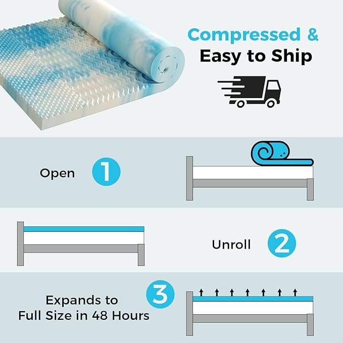 DUMOS 4 Inch Memory Foam Mattress Topper Queen, 5-Zone Cooling Gel Infused Pressure Relief Mattress Pad for Back & Hip Pain, Soft Dorm RV Camping Bed Topper, Blue
