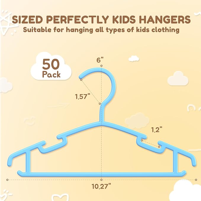 VILICK Kids Plastic Hangers, Baby Clothes Hangers for Closet 50 Packs Non-Slip Toddler Hanger for Infant Child Clothing, Small Children Hangers for Pants Coats Skirts (Blue) - Image 2