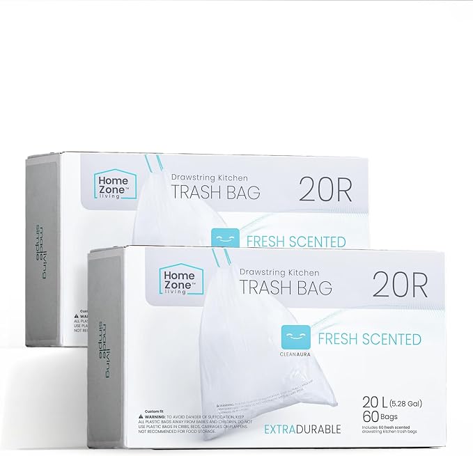 Home Zone Living 2-Pack 5 Gallon Kitchen Trash Bags with Drawstring Handles, Heavy Duty Custom Fit Design for 20 Liter Dual Recycling Liners, Code 20R, 60-Count by HomeZoneLiving