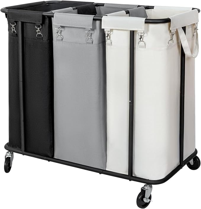 WOWLIVE Laundry Hamper with Wheels 260L Rolling Laundry Basket 3 Section Organizer Laundry Cart with Steel Frame and Removable Bags Large Dirty Clothes Hamper Dorm Room Storage for Bedroom by WOWLIVE
