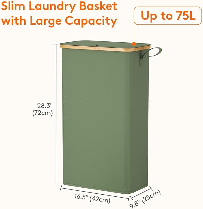Lifewit 75L Slim Laundry Hamper with Lid, Narrow Laundry Basket with Removable Bag & Bamboo Handles, Fodable Thin Dirty Clothes Hamper for Laundry Collapsible Bin for Bathroom Bedroom Dorm, Green - Image 3