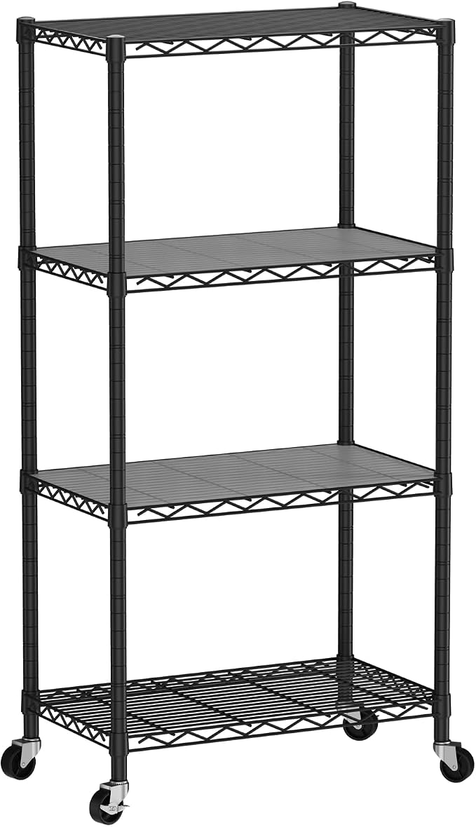 SINGAYE 4 Shelf Storage Wire Shelves Closet Bathroom Organizers Metal Pantry Kitchen Garage Shelving Unit Laundry Room Organization Home Narrow Rack Net Basket with Wheels Black - Image 8