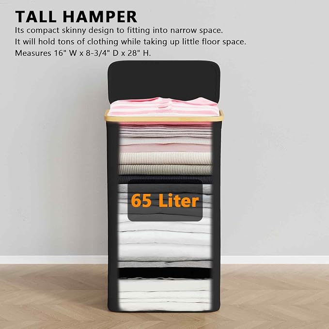 SpaceAid Slim Laundry Hamper with Lid, 65L Narrow Clothes Basket Bin with Bamboo Handles, Skinny Tall Collapsible Hamper for Bedroom, Bathroom, Dorm, Laundry Room - Black - Image 2