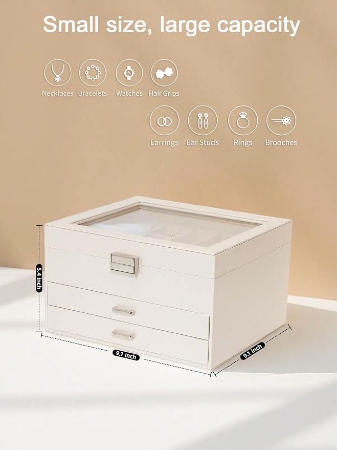 Clear Lid Jewelry Box,3 Layers Jewelry Organizer Large Multi-Functional Jewelry Storage Box with 2 Drawers,Jewelry Display Case of Rings Earrings Necklace Bracelets for Women Girls (Light gold) - Image 3